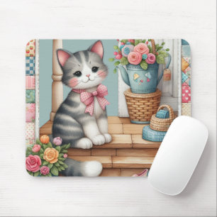 Niedliche Katze auf Veranda mit Blume & Patchwork Mousepad