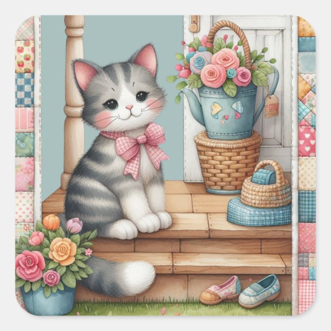Niedliche Katze auf Veranda mit Blume & Patchwork Quadratischer Aufkleber (Vorderseite)