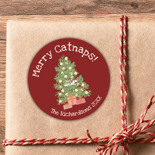 Niedliche Katze auf Weihnachtsbaum frohe Catnaps!  Runder Aufkleber