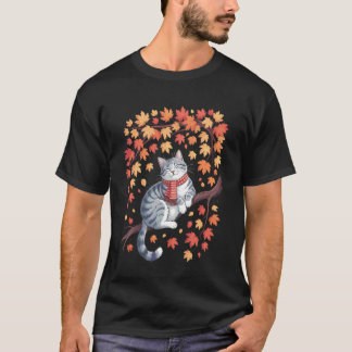 Niedliche Katze Blatt Herbst Baum Hallo Herbst Fra T-Shirt