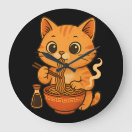 Niedliche Katze Eating Ramen Große Wanduhr
