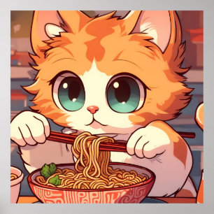 Niedliche Katze Eating Ramen Noodles Poster