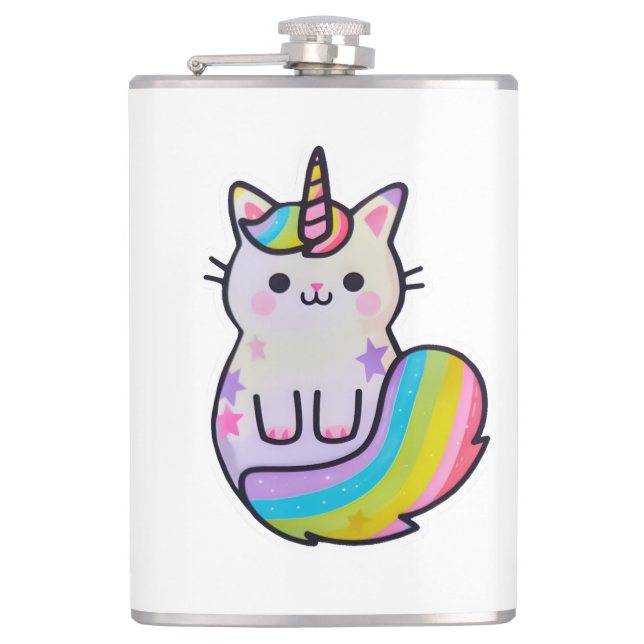 Niedliche Katze Einhorn Regenbogen Flachmann (Vorderseite)