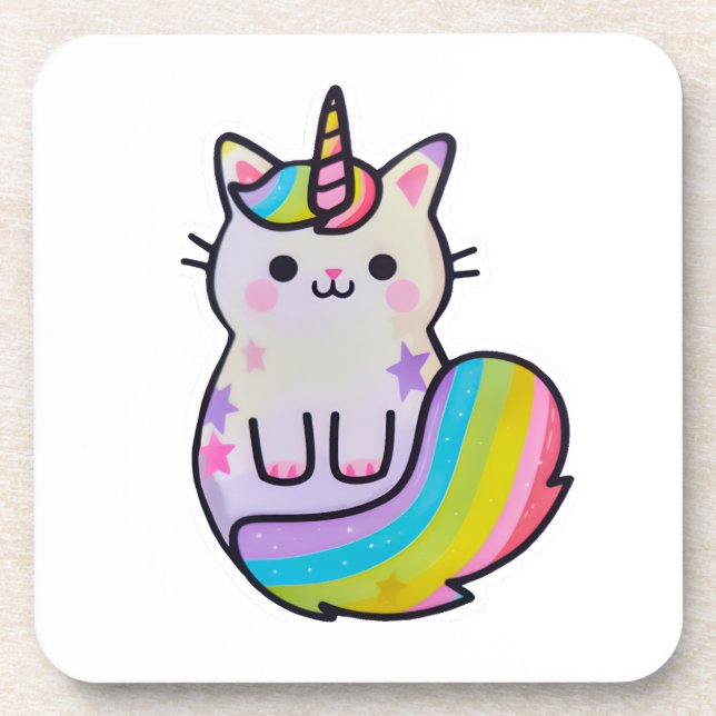 Niedliche Katze Einhorn Regenbogen Getränkeuntersetzer (Vorderseite)