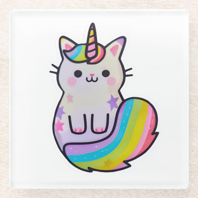 Niedliche Katze Einhorn Regenbogen Glasuntersetzer (Vorderseite)