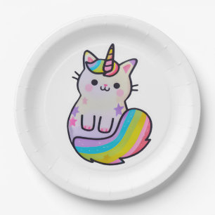 Niedliche Katze Einhorn Regenbogen Pappteller