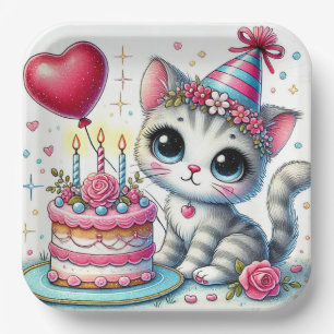 Niedliche Katze feiert Geburtstag mit Kuchen Pappteller