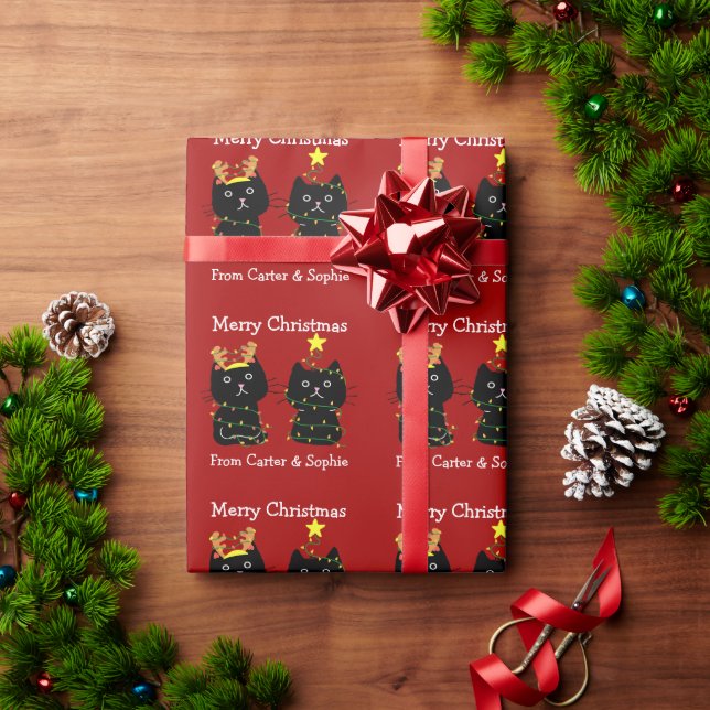 Niedliche Katze Frohe Weihnachtslicht Personalisie Geschenkpapier (Feiertagsgeschenk)