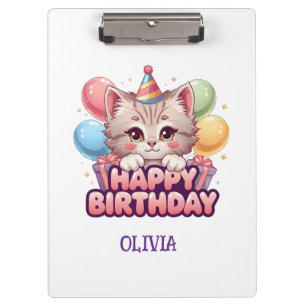 Niedliche Katze Geburtstag Personalisiert Mädchen- Klemmbrett