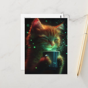Niedliche Katze genießt Kaffee Postkarte