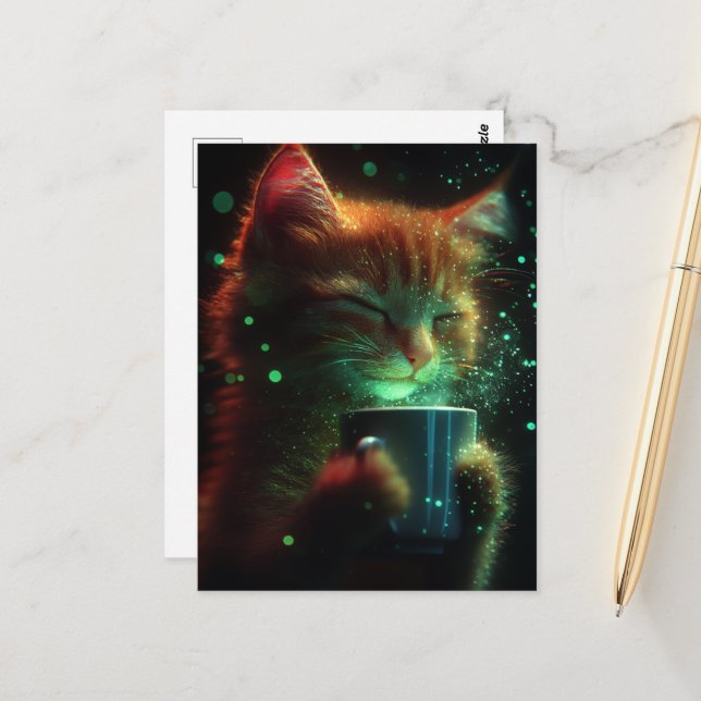 Niedliche Katze genießt Kaffee Postkarte (Vorderseite/Rückseite Beispiel)