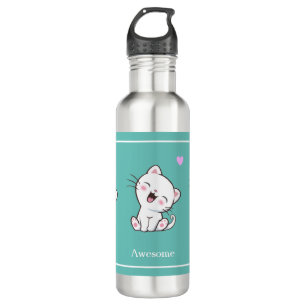 Niedliche Katze & Herz auf Aquamarin Edelstahlflasche
