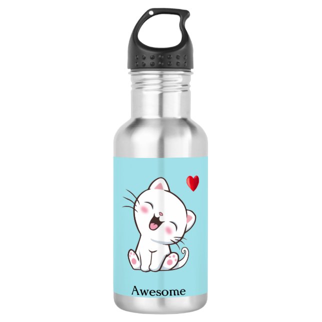 Niedliche Katze & Herz auf Light Blue Edelstahlflasche (Vorderseite)