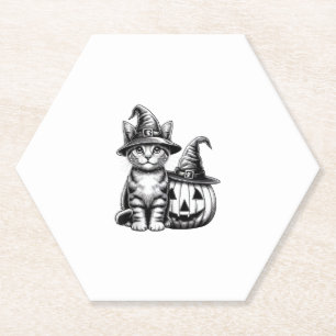 Niedliche Katze Hexenhut Pumpkin Halloween Cat Lov Untersetzer