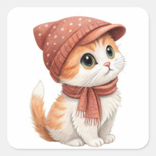 Niedliche Katze, Hut und Karton, Pastellfarbe Quadratischer Aufkleber