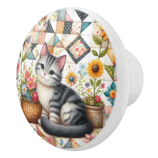 Niedliche Katze im Blumengeflecht Keramikknauf (Rechts)