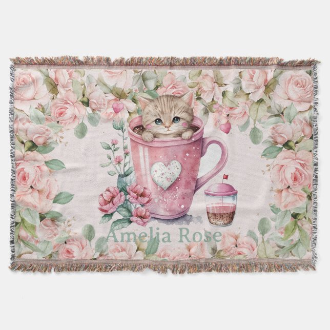 Niedliche Katze im Cup Rosa Rose Blume Decke (Vorderseite)