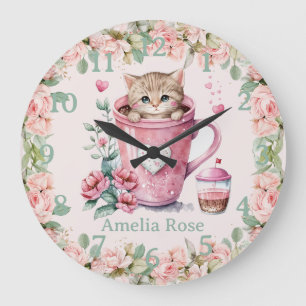 Niedliche Katze im Cup Rosa Rose Blume Große Wanduhr