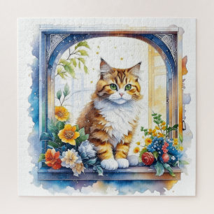 Niedliche Katze im Fenster der Blume Puzzle