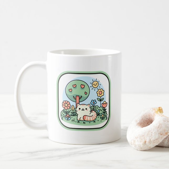 Niedliche Katze im Garten Doodle Art Kaffeetasse (Mit Donut)