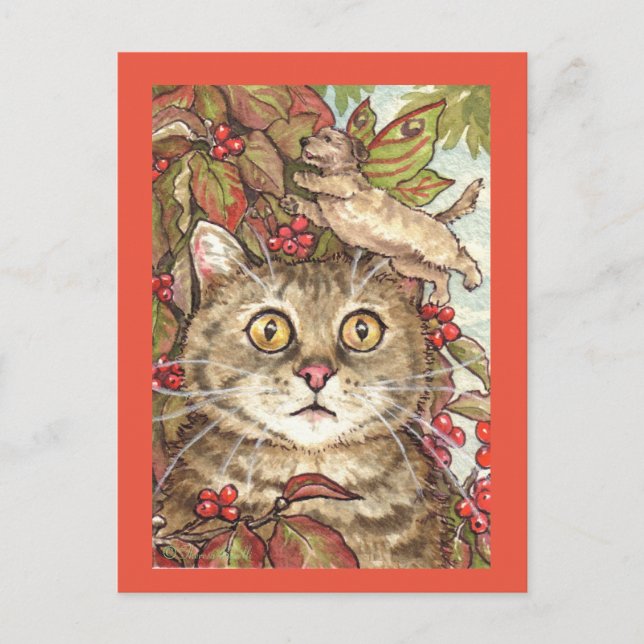 Niedliche Katze im Herbst Hunde Haare Herbstkarte Postkarte (Vorderseite)