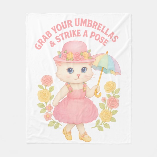 Niedliche Katze im rosa Kleid – Regenschirm-Pose Fleecedecke (Vorderseite)