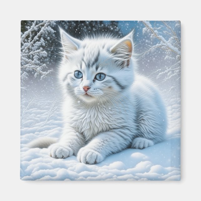 Niedliche Katze im Schnee Magnet (Vorne)