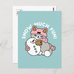 Niedliche Katze im Snow Gear mit Snowman Art Postkarte