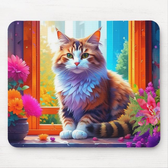 Niedliche Katze im Stadtfenster Kunst Mousepad (Vorne)