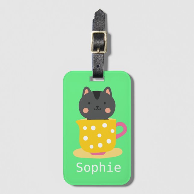 Niedliche Katze im Teacup-Cartoon auf Minze Gepäckanhänger (Vorderseite Vertikal)