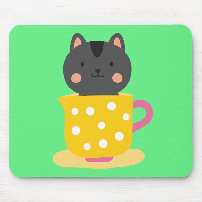 Niedliche Katze im Teacup-Cartoon auf Minze Mousepad (Vorne)