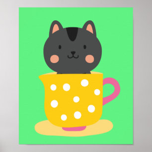 Niedliche Katze im Teacup-Cartoon auf Minze Poster
