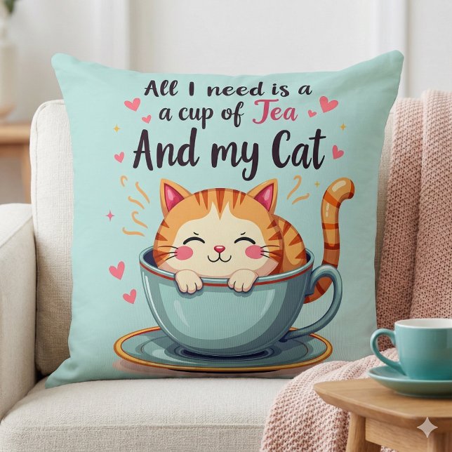 Niedliche Katze im Teacup Kawaii Gemütliche Kunst Kissen (Cute Cat in Teacup Kawaii Cozy Art Throw Pillow Mockup A)