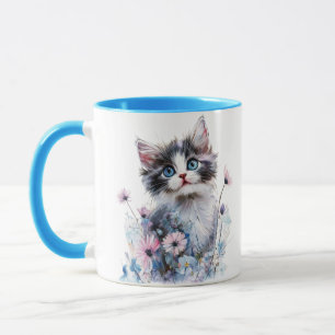 Niedliche Katze in Blumen bemalte Tasse