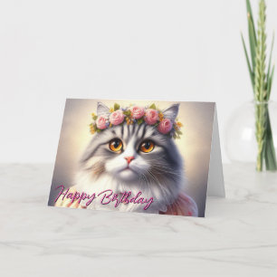 Niedliche Katze in Kleid und Kronen Geburtstag Karte