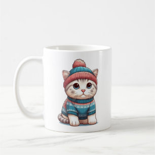 Niedliche Katze in Pullover und Mütze Kaffeetasse