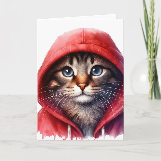 Niedliche Katze in Red Hoodie Wasserfarbe Gruß Karte (Vorderseite)