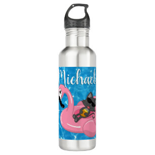 Niedliche Katze in Rosa Flamingo Floatie Blauer Na Edelstahlflasche