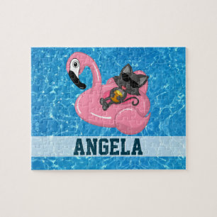 Niedliche Katze in Rosa Flamingo Floatie Blauer Na Puzzle