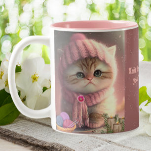 Niedliche Katze in rosa Strick Hut Garn Personalis Zweifarbige Tasse
