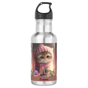 Niedliche Katze in rosa Strick Hut Sammeln Persona Edelstahlflasche