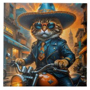 Niedliche Katze in Sombrero und Motorrad Fliese