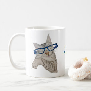 Niedliche Katze in Spektren denken Pawsitive Posit Kaffeetasse