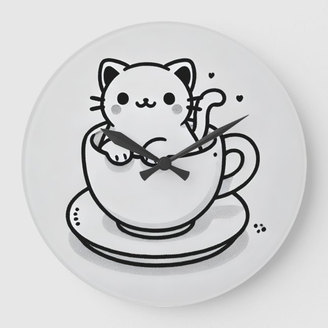 Niedliche Katze in Teetasse Wanduhr (Vorderseite)