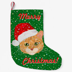 Niedliche Katze in Weihnachtsmann-Hut mit Kleiner Weihnachtsstrumpf