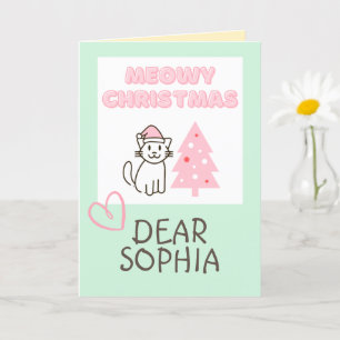 Niedliche Katze in Weihnachtsmannmütze & Baum Meow Karte