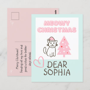 Niedliche Katze in Weihnachtsmannmütze & Baum Meow Postkarte