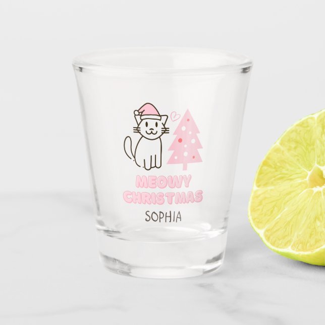 Niedliche Katze in Weihnachtsmannmütze & Baum Meow Schnapsglas (Vorderseite)