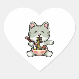 Niedliche Katze isst Soba Nudeln Cartoon Icon Herz-Aufkleber