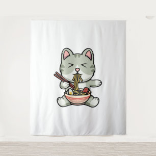 Niedliche Katze isst Soba Nudeln Cartoon Icon Wandteppich